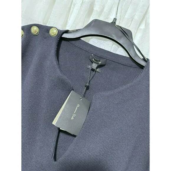 NWT Massimo Dutti Navy V Neck Sweater With Bell Sleeves Gold Buttons Size Small - Picture 3 of 8
